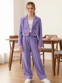 Tween Girls Spring/Autumn Short Double-Breasted Jacket + Camisole + Wide Leg Pants 3 PiecesCasual Set - Purple - View 1
