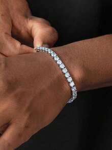 1pc Minimalist Fashion Copper Zirconia Round Tennis Bracelet, Suitable For Men And Women Daily Wear - Silver - View 5