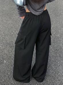 Knot & Curve Women's Cargo Pants, All-Season Wear, Semi-Elastic Waist, Large Patch Pockets With Rivet Button Decor, Loose Drape Casual Wide Leg Pants - Black - View 6