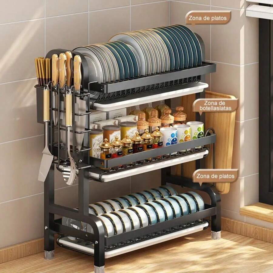 3-Tier Dish Drying Rack With Drain Board - Large Metal Dish Drying Rack With Drain Board, Cup Holder, Utensil Holder, And Additional Drainage System - Kitchen Accessory For Efficient Dish Drying And Organization
