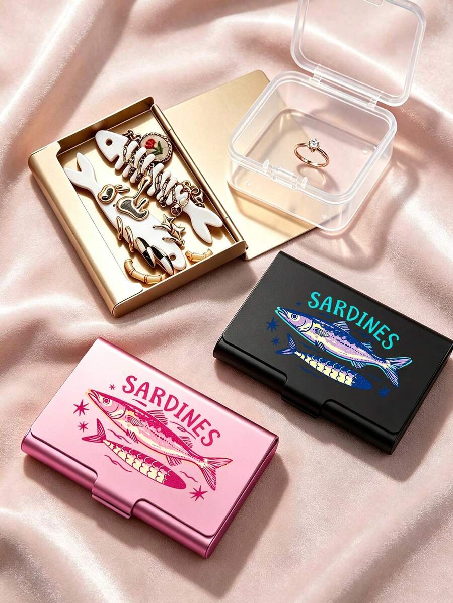 Jewelry Storage Box With Colorful Sardine Pattern; Jewelry Organizer Box. Aluminum Alloy Jewelry Storage Box, Travel Jewelry Storage Box, Metal Business Card Holder, Daily Use Jewelry Box, Accessory Storage, Suitable For Small Earrings, Rings, Pendants, Birthday Gift, Halloween Christmas Gift - Multicolor - View 1