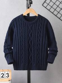 Boys' Round Neck Long Sleeve Knitted Sweater With 3D Cable And Diamond Texture, Vintage Preppy Style Casual Versatile Pullover, Suitable For School Daily Wear In Autumn/Winter - Navy Blue - View 2