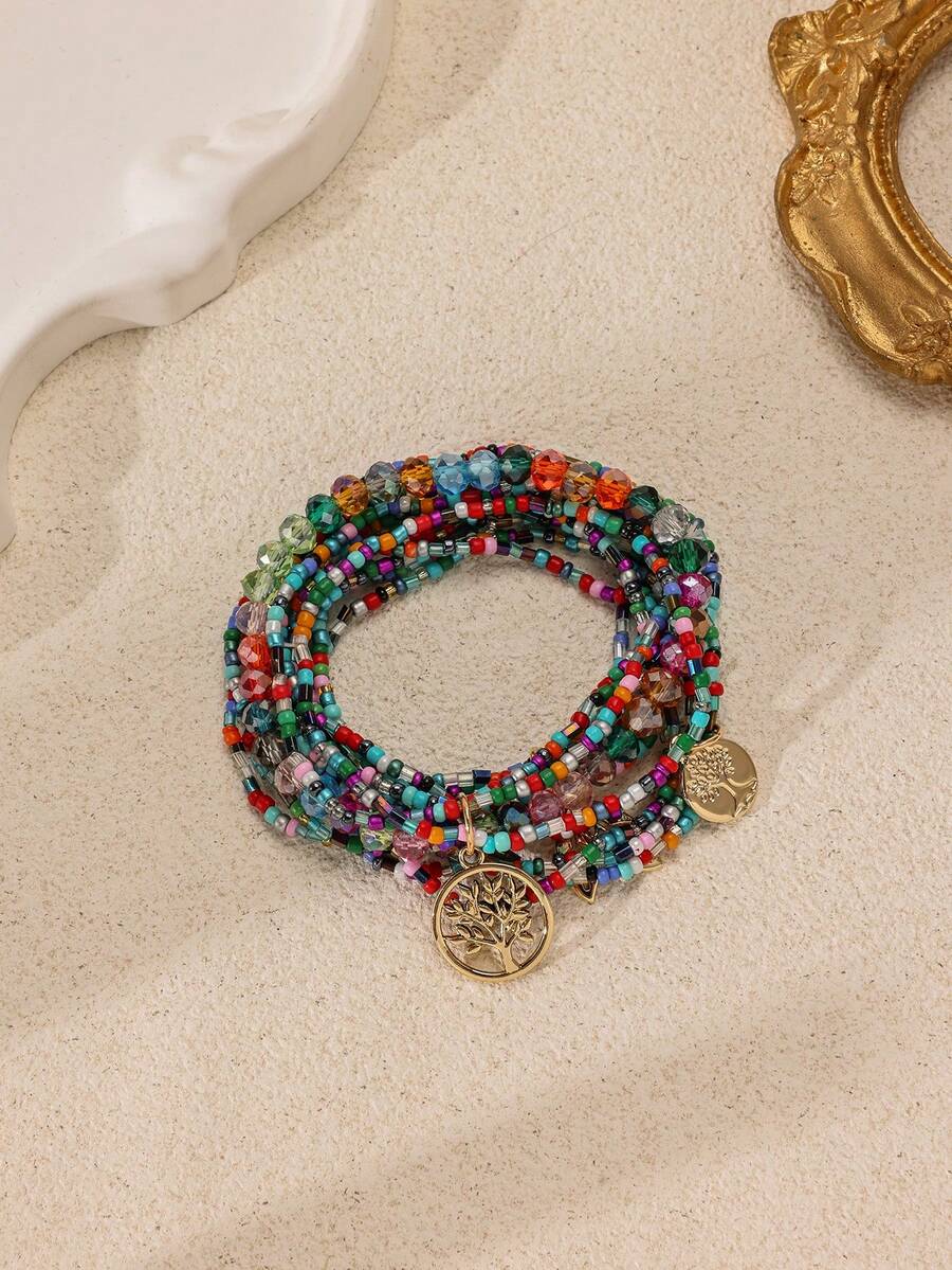 3pcs Tree & Leaf Charm Layered Bracelet - Multicolor - View 1