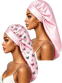 CONFLASS Leopard Print Butterfly Pattern Long Satin Sleep Cap, Loose Elastic Band Silk Hair Bonnet, Extra Large Long Braid Curly Hair Cap, Women's Essential Night Sleep Cap For Back To School - Multicolor - View 12