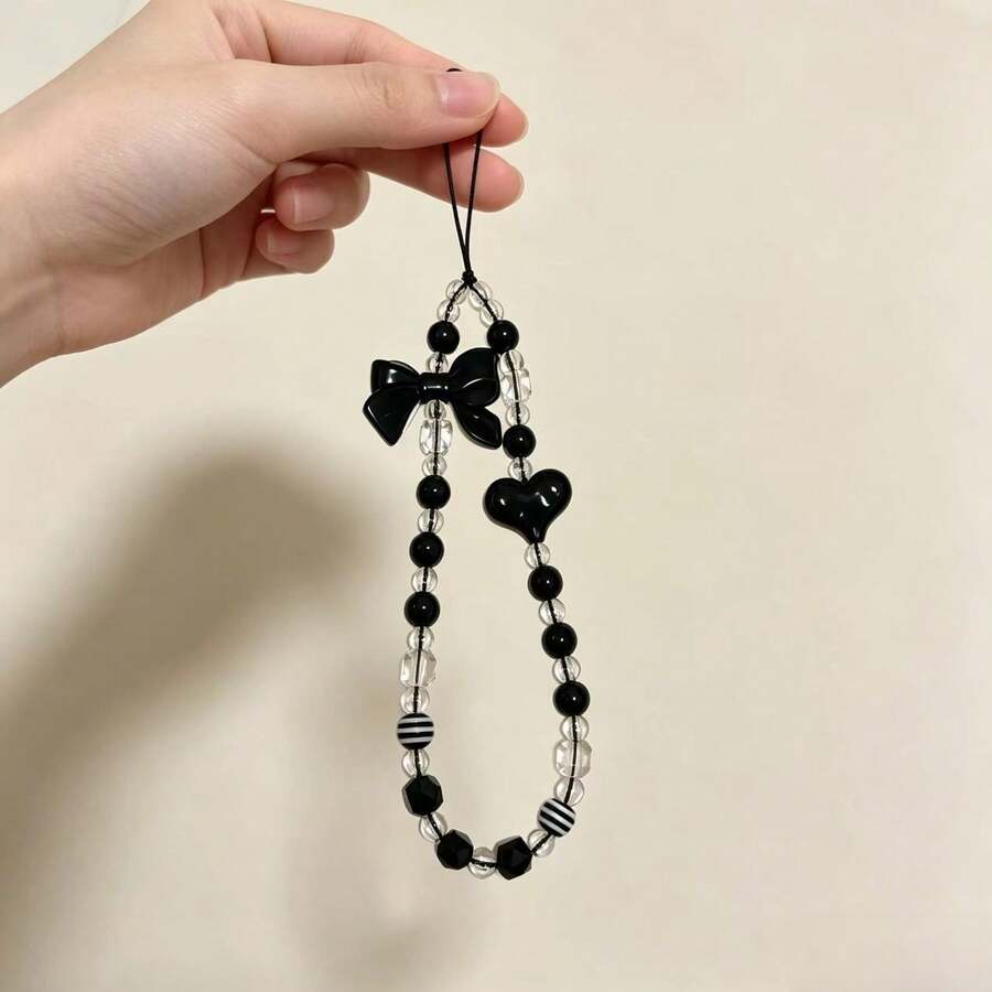 1pc INS Sweet & Cool Style Beaded Phone Lanyard, Black Bow & Heart Beads Wrist Short Phone Chain - Black - View 1