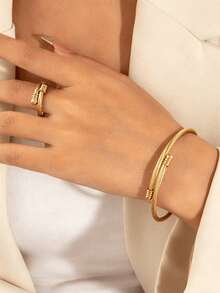 Bộ 2 món vòng tay và nhẫn dây thép xoắn, trang sức tối giản dạng hở điều chỉnh được, đeo hàng ngày - Nhẫn vòng tay xoắn - Xem 5