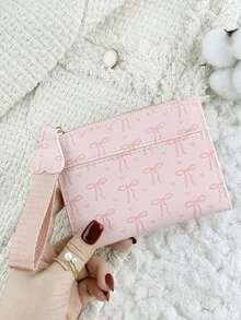 Fashionable Bow Printed Short Wallet, Foldable Buckle Portable Cash, Credit Card Tassel Decoration Wallet, Suitable For Carrying Around - Pink - View 7