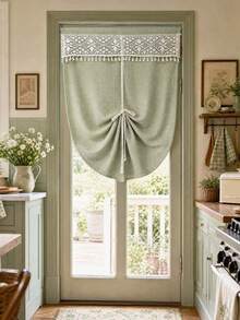 1pc Boho Style Linen Door Curtain With Lace Valance - Exquisite Floral Crocheted Lace Valance, Farmhouse Style Linen Room Divider Curtain For Bathroom Laundry Kitchen Bedroom Entrance - Green - View 6
