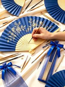 10pcs Folding Hand Fan With Sheer Drawstring Pouch, Blue Bow Decor,Portable Handheld Fan,Summer Party Wedding Gift,Costume Accessory,Travel Bag Charm - Multicolor - View 6