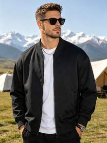 Men's Casual Polyester Jacket, Autumn Outerwear, Vintage Design, Holiday Aviator Jacket - Perfect For Daily Wear And Vacation - Black - View 1
