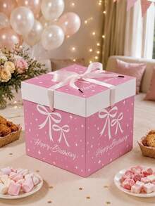 1Pc Pink Bow Knot Birthday Gift Box With Lid & Ribbon, 22*22*22cm Square Party Favor Box For Girls Birthday Gift Wrapping Decor - Ribbon Bow Gift Box With Lid (Includes Ribbon) - View 10
