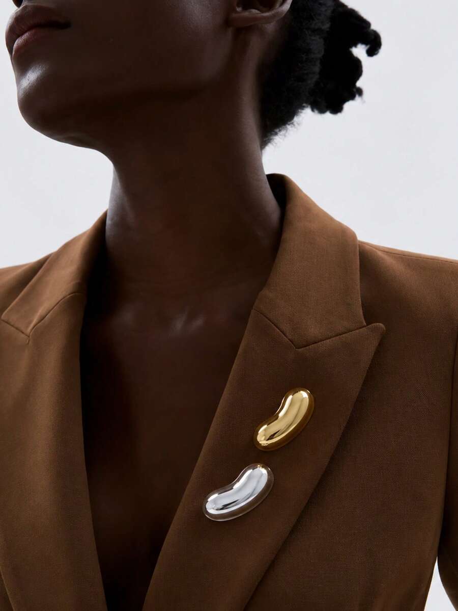 Irregular Curved Bean‑Shaped Brooch Pins,Gold & Silver Tone Smooth Metal Lapel Pin Minimalist Suit Collar Decor Brooches For Women - Geometric - View 1