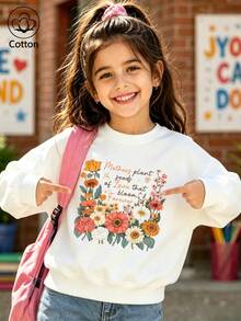 Girls' Cotton Top, Printed, Comfortable, Relaxed-Fit Dropped-Shoulder Sweatshirt, Round-Neck Oversized Sweatshirt - White - View 1