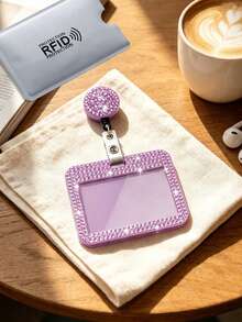 Purple Sparkling Rhinestone ID Card Holder With Lanyard, ID Card Storage Box, Anti-Loss Lanyard, Student ID Card Holder, Self-Service Restaurant Card Holder, Sliding Cover, Dual Card Slots, Bus Card Holder, Bank Card Holder, Metro Card Storage, Adjustable Portable ID Card Holder Decorative Keychain, Suitable For Office Workers And Students, Perfect Gift, Back To School Gift, Couple Card Holder, Bank Card Holder, Travel Essential, Back To School, Commuting, Business Trip, Teacher's Day Gift - Multicolor - View 7