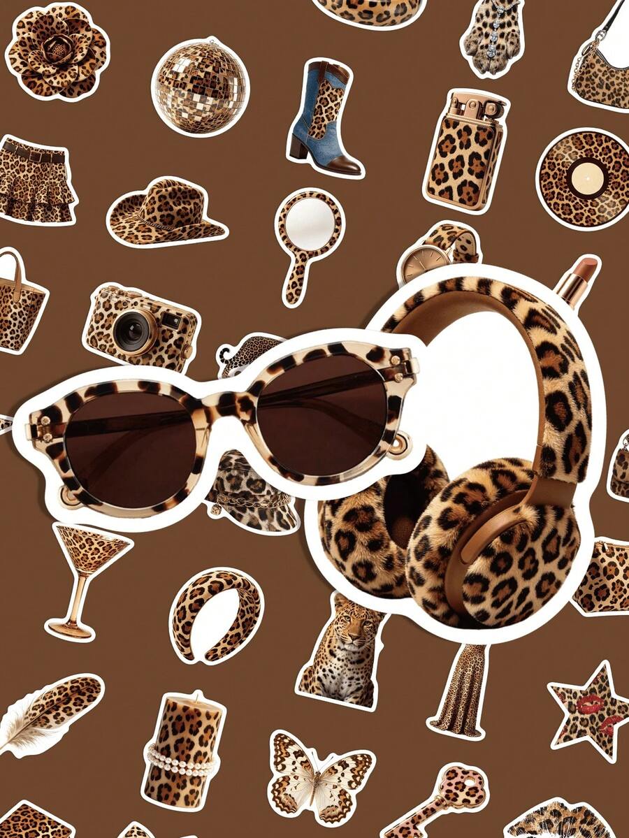 50pcs Leopard Print Element Stickers, Fashionable Popular Girl Stickers, Suitable For Phone Cases, Water Bottles, Scrapbooks, Notebooks, Storage Boxes, Refrigerators, Skateboards And Other Personalized Decoration Materials, Perfect As Birthday Party Gifts - Leopard Print Sticker - View 1