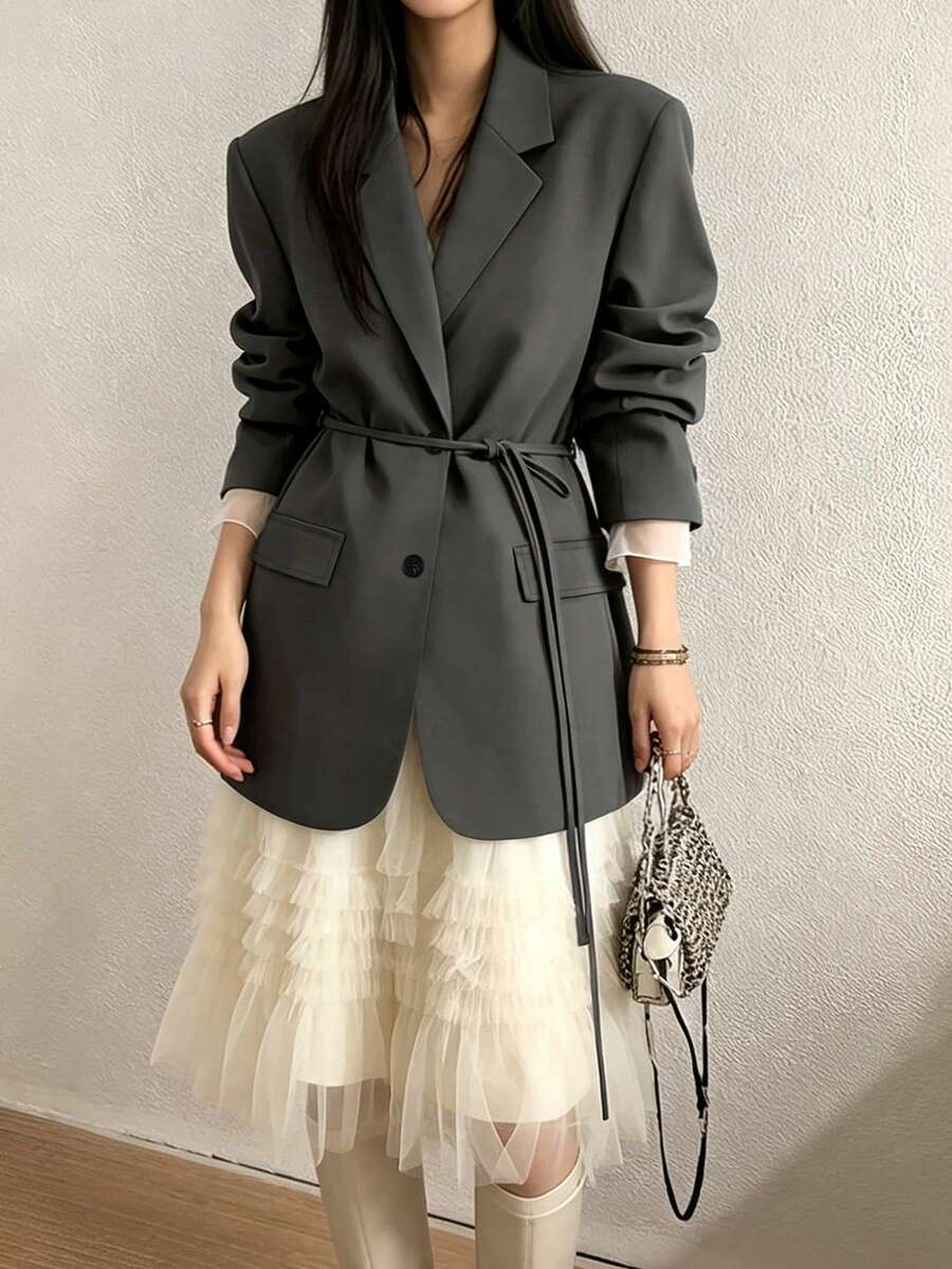 Blazer Wanita Musim Gugur/Dingin, Modis, Warna Polos, Berlapisan, Ukuran Besar, Bantalan Bahu, Bahu Lebar, Kancing Tunggal, Berikat Pinggang, Panjang Sedang, Lengan Panjang - Grey - View 1