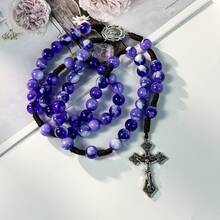 手工紫色天主教玫瑰念珠項鍊附十字架吊墜－女性祈禱與靈性禮物 - 紫色 - 查看 4