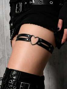 PU Leather Thigh Garter, Cool Double Strap Design, Silver Heart-Shaped Metal Eyelets, Adjustable Buckle, Y2K Gothic Punk Style, Streetwear Leg Band, Halloween - Multicolor - View 1