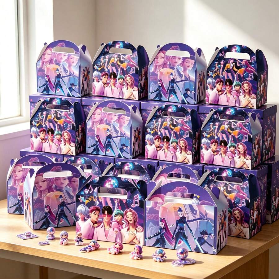 KPop Demon Hunters 12pcs/3pcs K-Pop Demon Hunter Foldable Paper Gift Boxes Printed With Rumi Mira Zoey Character Illustrations, Handheld Storage Boxes For School Supplies, Party Bag Fillers & Toys For Girls, Snack And Dessert Storage Containers, Suitable For Christmas And Halloween Theme Party Events - Multicolor - View 1