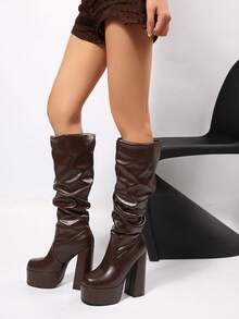 FVPFVP Women's Tall Black High Heel Boots, European & American Style, Square Toe, Chunky Heel, Riding Slouch Boots, Winter 2025 - Coffee Brown - View 6