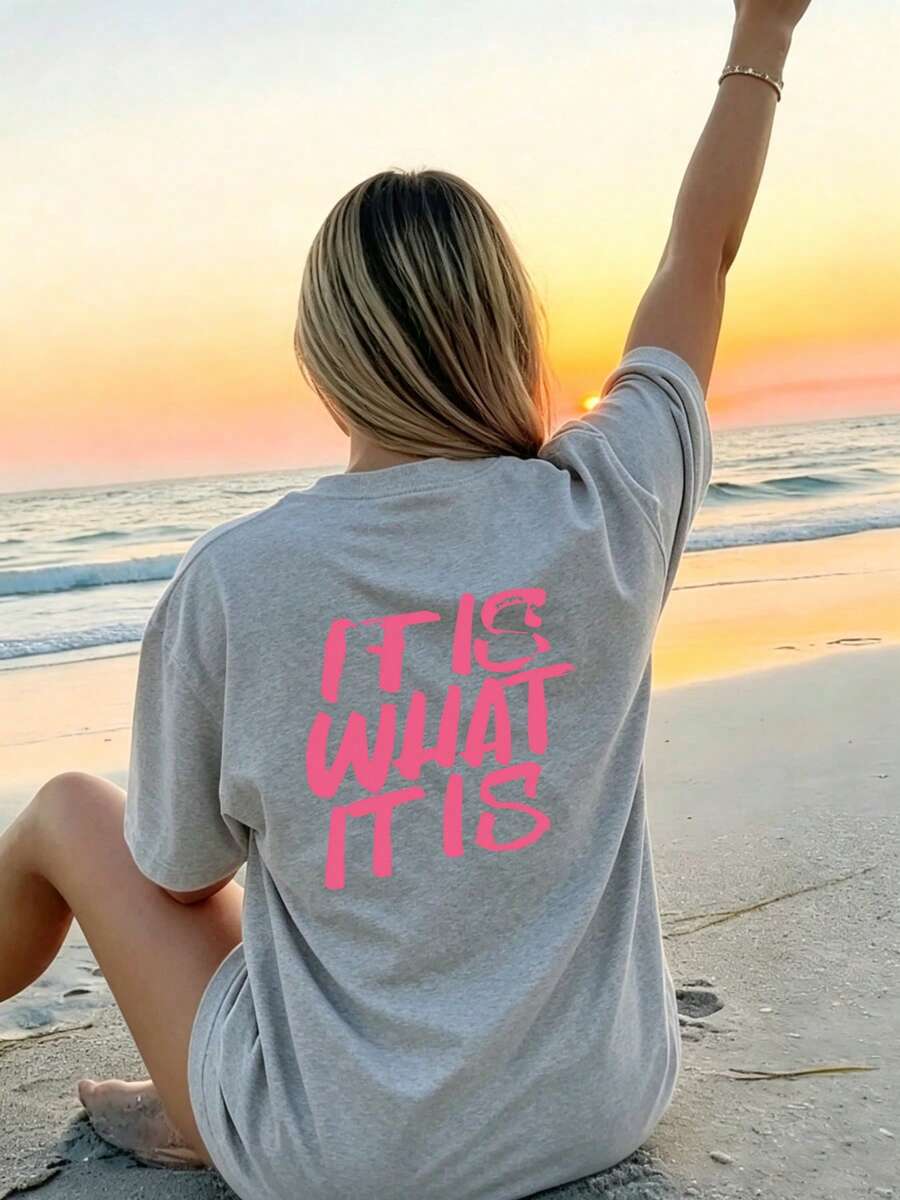Unisex Oversized Graphic T-Shirt With A Comfortable, Loose Fit And A Vibrant Pink Print, Perfect For Summer Beach Outfits, Casual Wear, Etc. - Grey - View 1