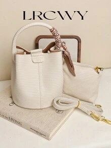 Women's Handbag Bucket Bag Fashion Versatile Elegant Solid Color Striped White Bag With Scarf Matching Suitable For Shopping Commuting Free Small Bag Inside - Beige - View 1