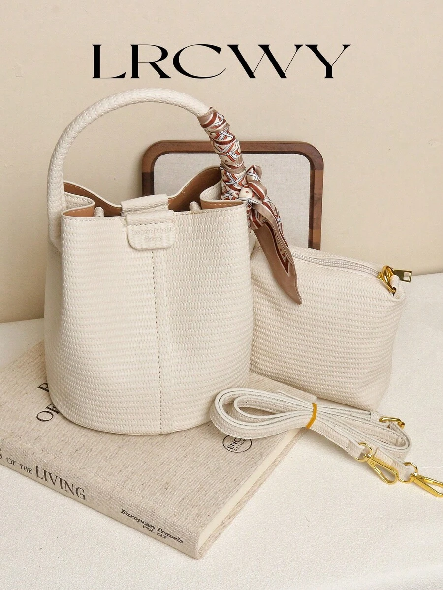 Women's Handbag Bucket Bag Fashion Versatile Elegant Solid Color Striped White Bag With Scarf Matching Suitable For Shopping Commuting Free Small Bag Inside - Beige - View 1