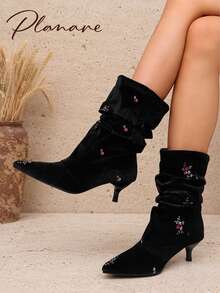 planare New Women's Elegant Black Velvet Embroidered Floral Ankle Boots, Slip-On Pointed Toe Kitten Heel Vintage Ruched Boots For Autumn/Winter Party - Black - View 1