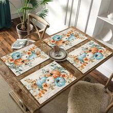 1/4/6pcs Autumn Series Blue & Orange Floral Pumpkin Pattern Printed Placemats, Heat-Resistant Table Mat For Home Kitchen, Table Protection, Kitchen Dining Table, Party Scene Decoration - Multicolor - View 10