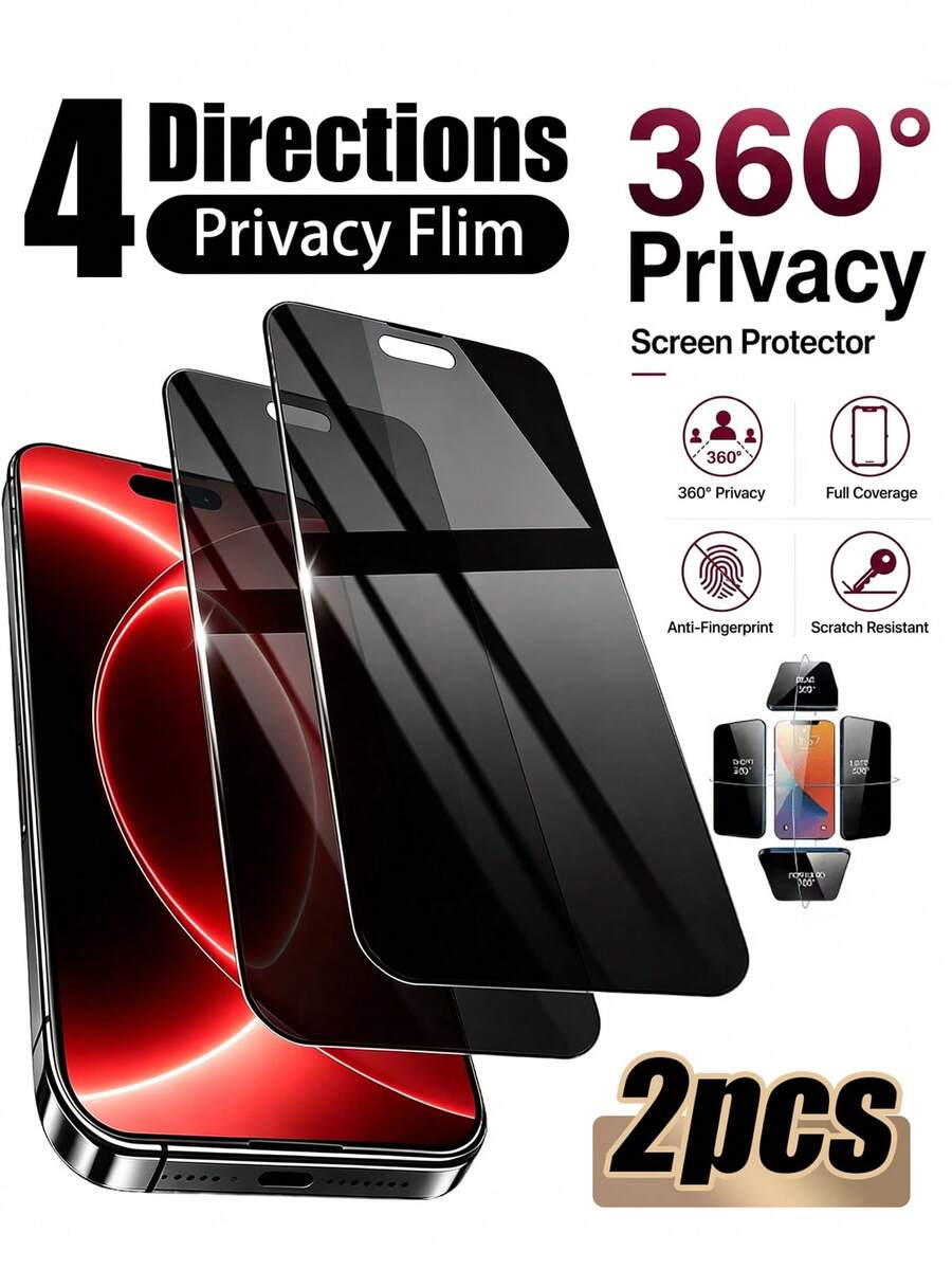 2pcs 360° Full Coverage Privacy Screen Protector, Anti-Peeping, Privacy Protection, Edge-To-Edge Fit, Resists Daily Sharp Object Contact, Effectively Prevents Scratches, Reduces Friction Damage From Keys And Other Items, Handles Mild Drop Impact, Compatible With IPhone Duo/18 Promax/18 Pro/18/17E/17 Pro Max/17 Pro/17Air/17/16 Pro Max/16 Pro/16 Plus/16/15 Pro Max/15 Pro/15 Plus/15/14/13/12/11 And Other Models. - Black - View 1