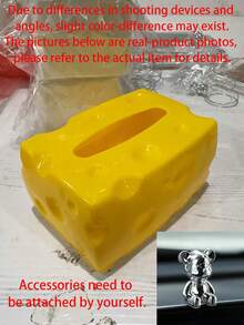 1pc Creative Cheese‑Shaped Tissue Box With Silver Bear Ornament, Plastic Decorative Napkin Holder, Cute Desktop Tissue Dispenser For Living Room Coffee Table Bedroom Home Tabletop Decor Tissue Box Tissue Box Holder - Multicolor - View 12