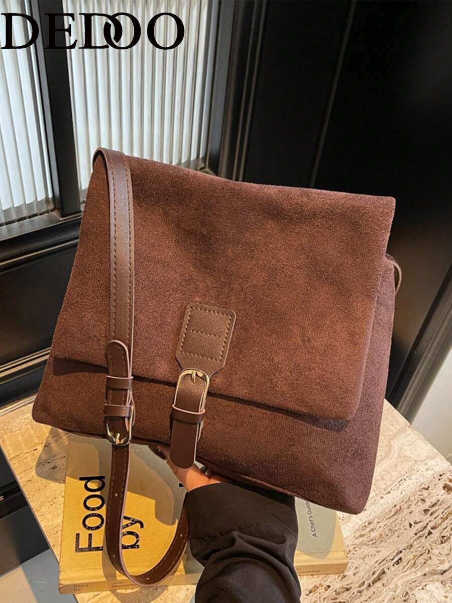 Dedoo 女款翻蓋斜挎信使包,帶扣裝飾,大容量,復古極簡風,適合秋冬通勤與約會,年輕女性理想之選 - 咖啡 - 查看 1