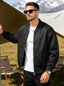 Men's Casual Polyester Jacket, Autumn Outerwear, Vintage Design, Holiday Aviator Jacket - Perfect For Daily Wear And Vacation - Black - View 2