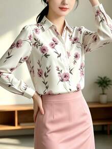 YUXIN 女款現代全花卉印花襯衫，長袖領口鈕扣開襟上衣，適合秋季日常街頭穿著與度假 - 粉色 - 查看 4