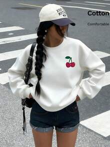 Women's Casual White Long Sleeve Round Neck Sweatshirt With Amour Cherry Print, Drop Shoulder Pullover Top,  Fall Streetwear - White - View 2