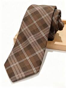 1PC Men's Fashion Striped Checkered Business Style Versatile Tie, Gift Option - Brown - View 1