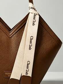Maillard Style Geometric V-Neck Tote Bag, Brown Embossed Faux Leather Material, Unique Polygonal V-Neck Shape, Minimalist Long Shoulder Strap, Paired With Printed Silk Scarf Ribbon Accessory, Open Top Large Capacity Design, High-End Texture, Suitable For Commuting, School, Travel, Vintage Minimalist Style Women's Shoulder Handbag - Brown - View 5