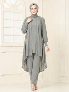 Arabian Style Minimalist Women's 3 Pieces Set Solid Color Jacket Top And Pants Fall - Light Grey - View 2