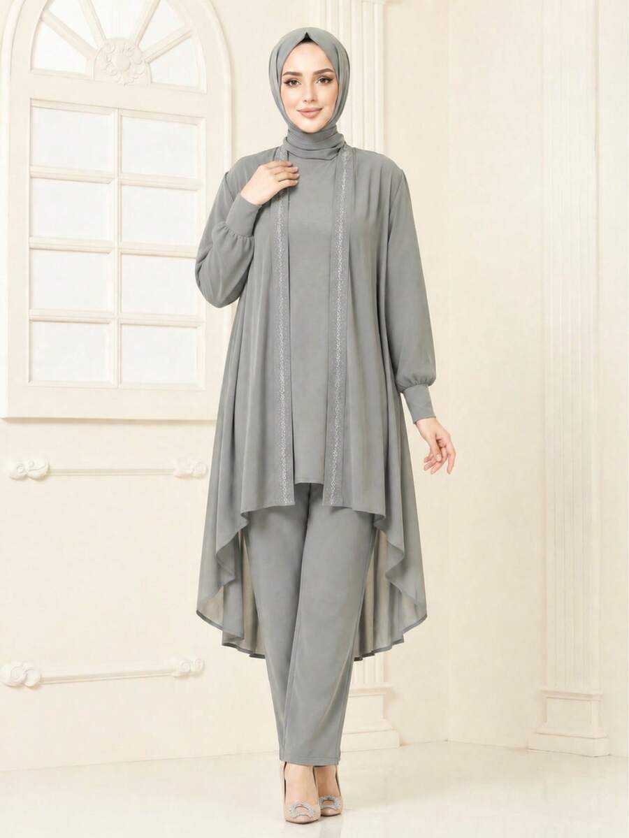 Arabian Style Minimalist Women's 3 Pieces Set Solid Color Jacket Top And Pants Fall