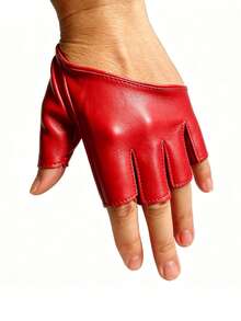 1 Pair Set Burnt Orange Brown Open Finger Slanted Cuff PU Gloves - Red - View 8