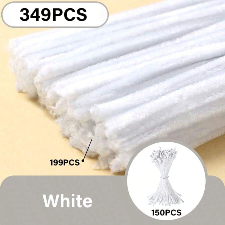 199支雪尼爾棒 150支白色花蕊，柔軟可彎曲毛絨DIY手工材料，適用於花藝製作、居家裝飾與手工創意項目