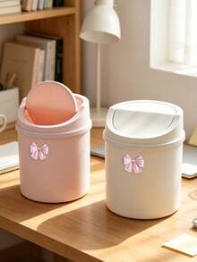 Cute Desktop Trash Can With Bow Decor,Mini Table Waste Bin,Portable Countertop Garbage Bucket,Flip Cover With Lid,For Bedroom,Dorm,Office,Makeup Desk,Countertop,Home Essentials,Unique Birthday Gift,Back-To-School Gift,Holidays Gift,Parties Gift - B - View 1