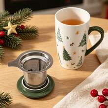 1 buah Cangkir Teh Keramik Motif Pohon Natal 490ml/16.5oz dengan Saringan Teh dan Tutup. Aman untuk Microwave dan Mesin Pencuci Piring. Cangkir Minum Keramik. Cocok untuk Teh Daun Lepas, Kopi, dan Minuman Panas. Ideal untuk Penggunaan Sehari-hari. Hadiah Natal yang Sempurna - MultiWarna - View 6