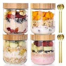 4/8-Pack Overnight Oats Containers With 4/8pcs Spoons And Bamboo Lids, Glass Jars With Airtight Lids For Meal Prep, Wide Mouth Mason Salad Jars, Glass Food Storage Container For Yogurt Chia Snacks Spice Sugar - Variant - View 9