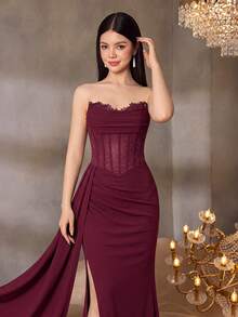ALISA&LEO Exquisite Spaghetti Strap Lace Maxi Dress For Teens, With Boning Waist Detail And Side Slit, Suitable For Evening, Party, Dinner And Celebration - Burgundy - View 1