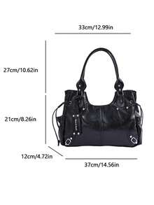 American Vintage Oil Wax PU Tote Bag For Women, Drawstring Rivet Multi-Pocket Underarm Bag, Large Capacity Casual Commute Shoulder Handbag - Black - View 2