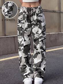 Knot & Curve Women's Cargo Pants, All Season, Elastic Drawstring Waist, Camouflage Print, 3D Large Pockets, Loose Drape Floor Length - White - View 2