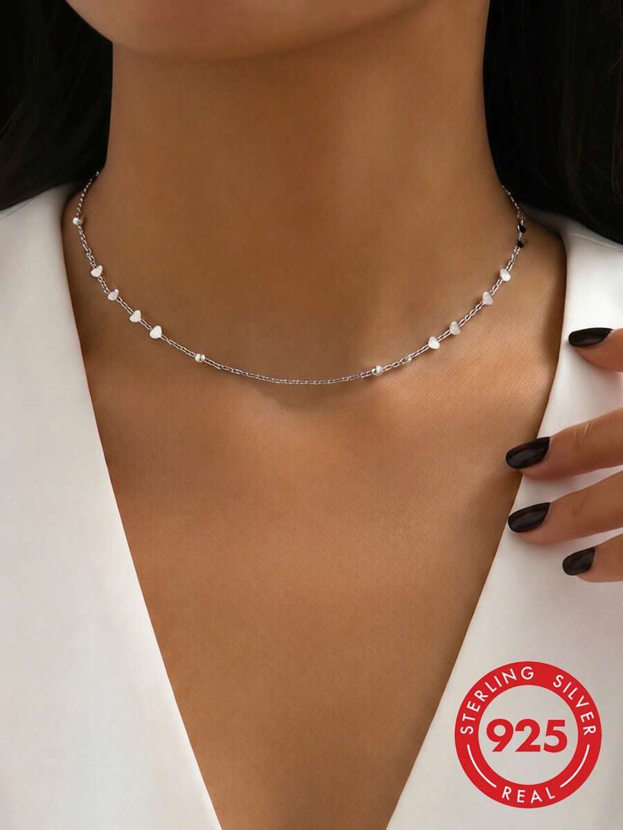 ELSEDES 1pc Minimalist Fashionable S925 Silver Geometric Shaped Short Silver Necklace, Perfect For Women's Daily Wear And Office Wear - Silver - View 1