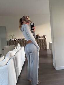 Women's Casual Autumn Hooded Long Sleeve Sweatshirt & Pants 2 Pieces Set - Grey - View 3