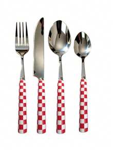 4/24pcs Unique Checkered Pattern Stainless Steel Tableware Set, Beautiful And Elegant Porcelain, Multiple Colors, Including Ceramic Handle Silverware, Creative Kitchen, Including Forks, Table Knife, Spoons, Dessert Spoon, Suitable For Daily Dining - Multicolor - View 14